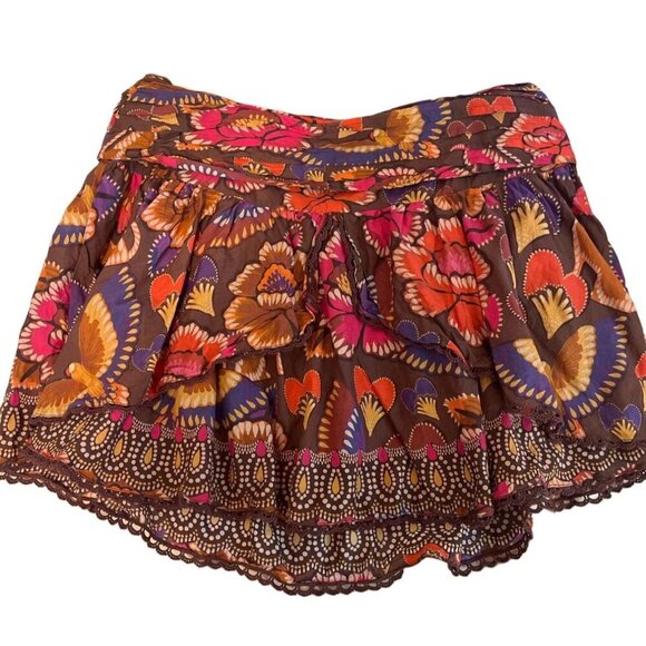 Farm Rio Bright Flora Brown Mini Skirt, Size X-Large - Picture 2 of 5